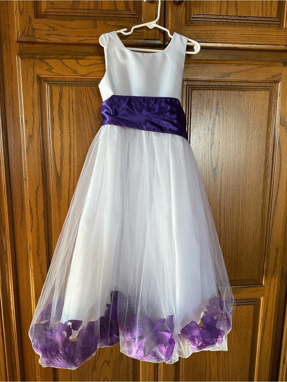 White satin and tulle purple flowers girls dress